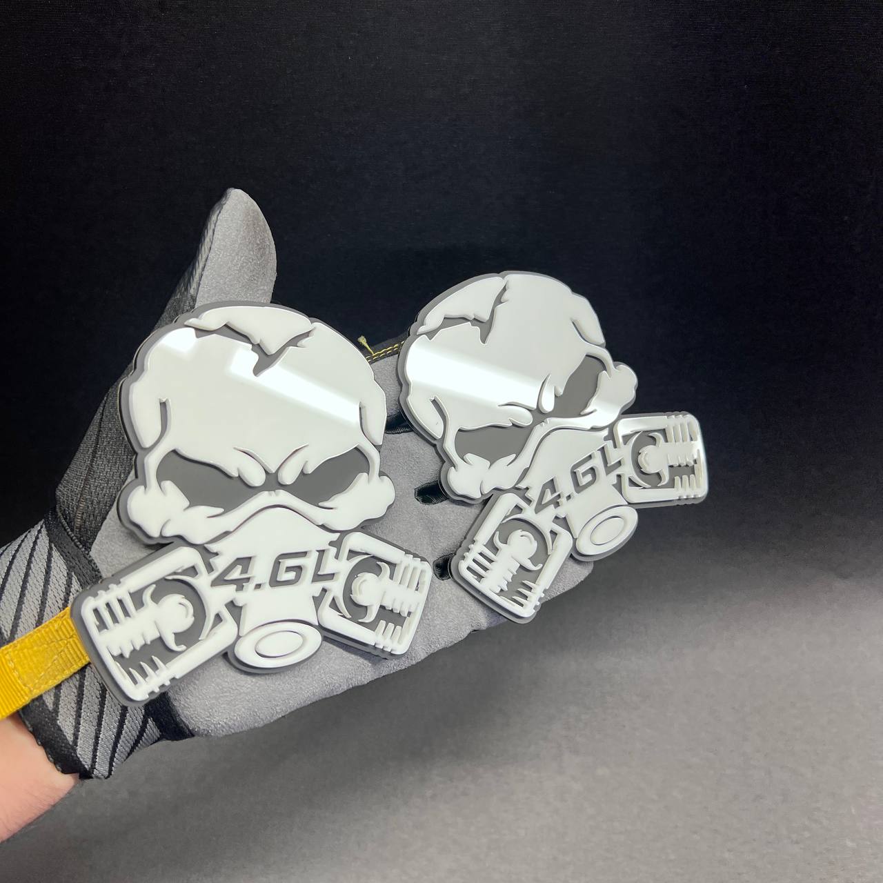 Skull Turbo Power 4.6L car badge emblem with twin turbo inspired engine design