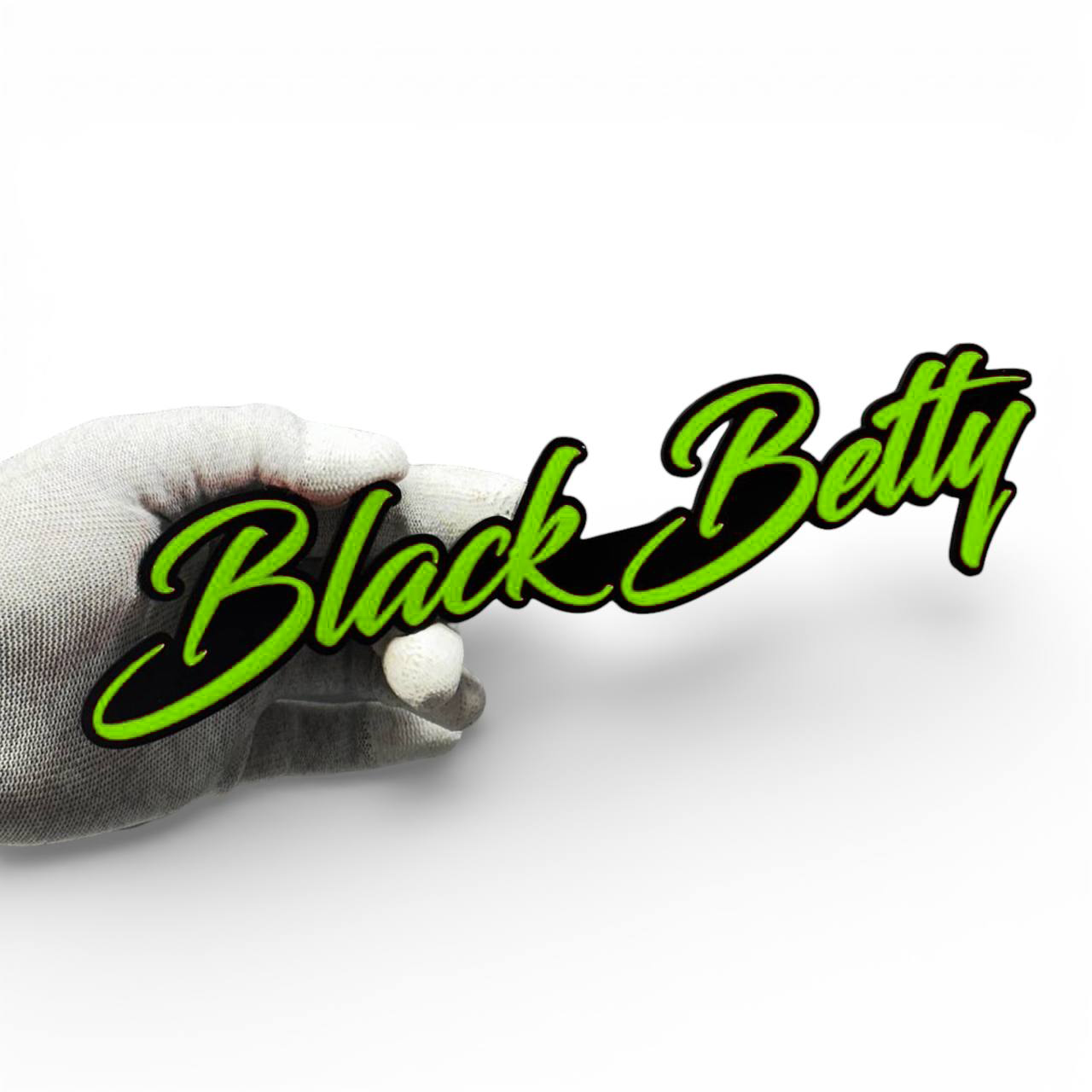 Black Betty retro script car badge for hot rod, muscle car, street truck, and custom automotive styling.