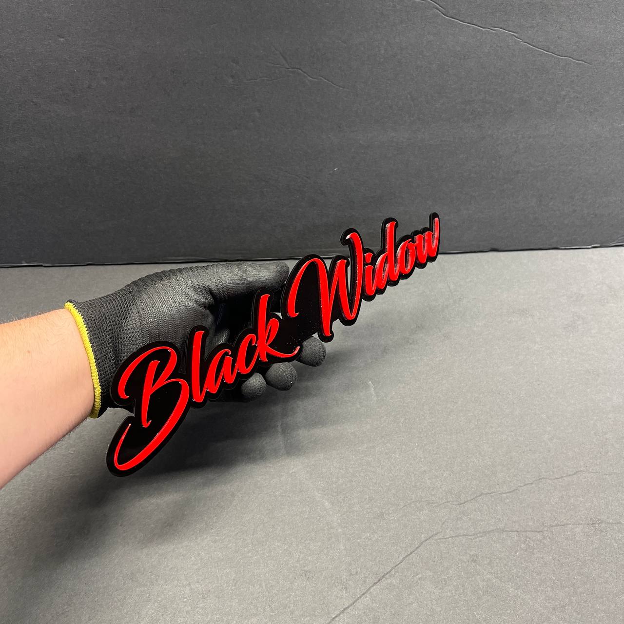Black Widow acrylic car badge showing size and thickness, custom automotive emblem