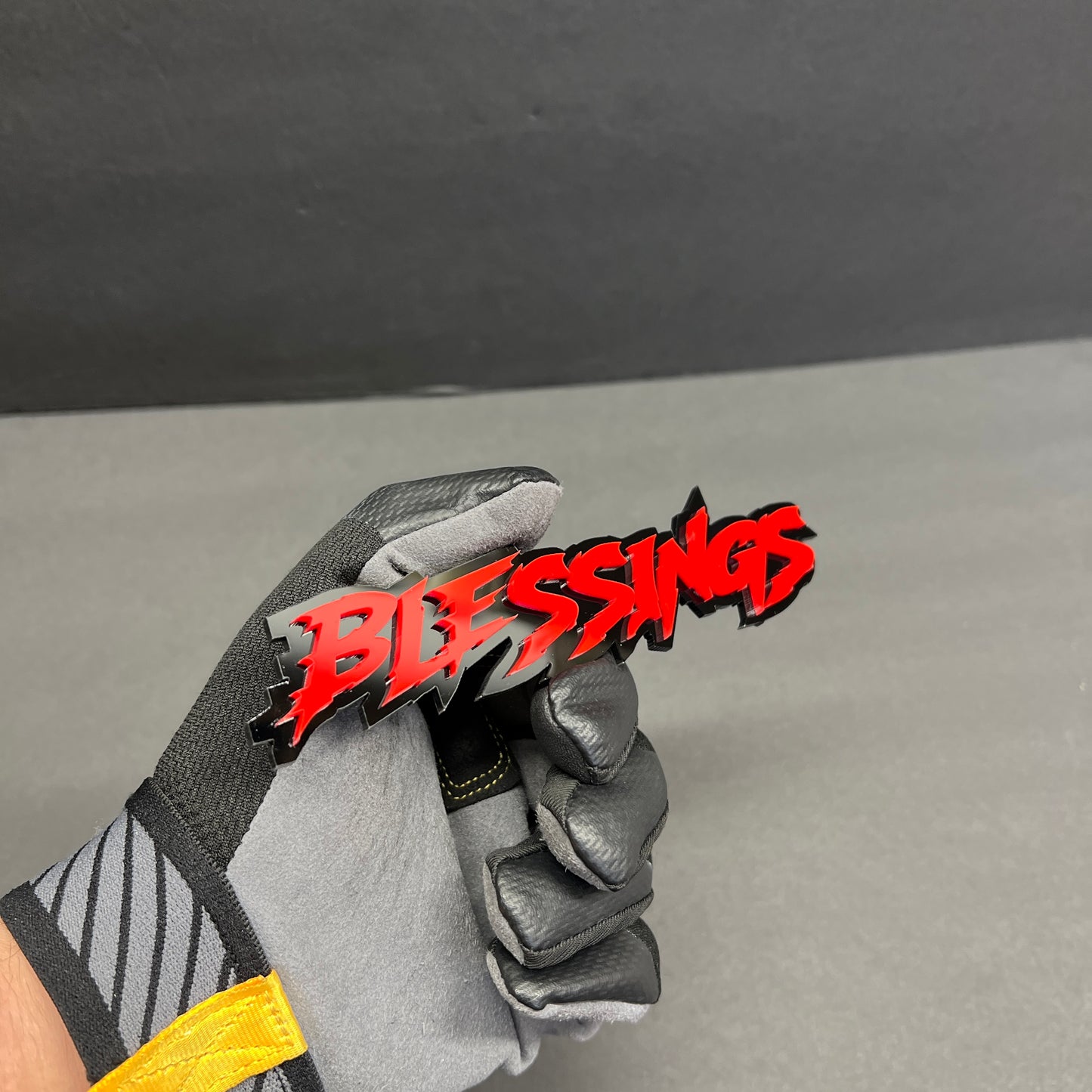 Blessings custom red acrylic text badge car fender emblem with black outline