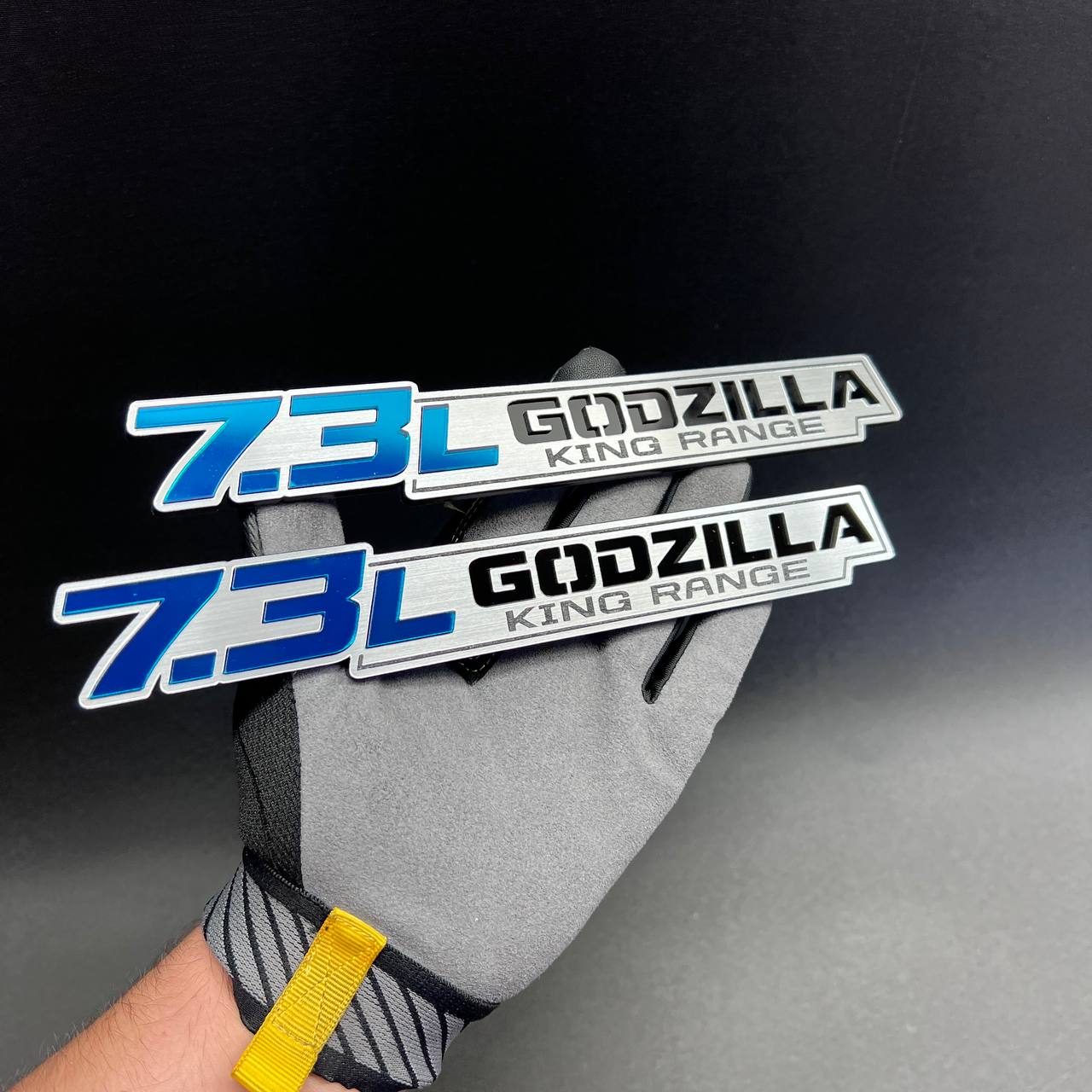 Blue and silver 7.3L car badge fender emblem with black engraved details