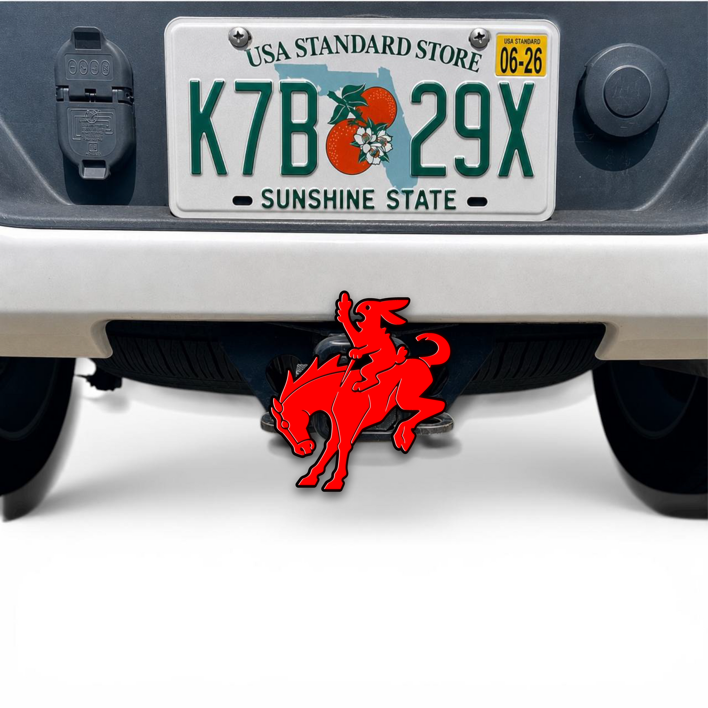 Custom bunny on horse 3D hitch cover for cars and trucks, bold red design with black outline