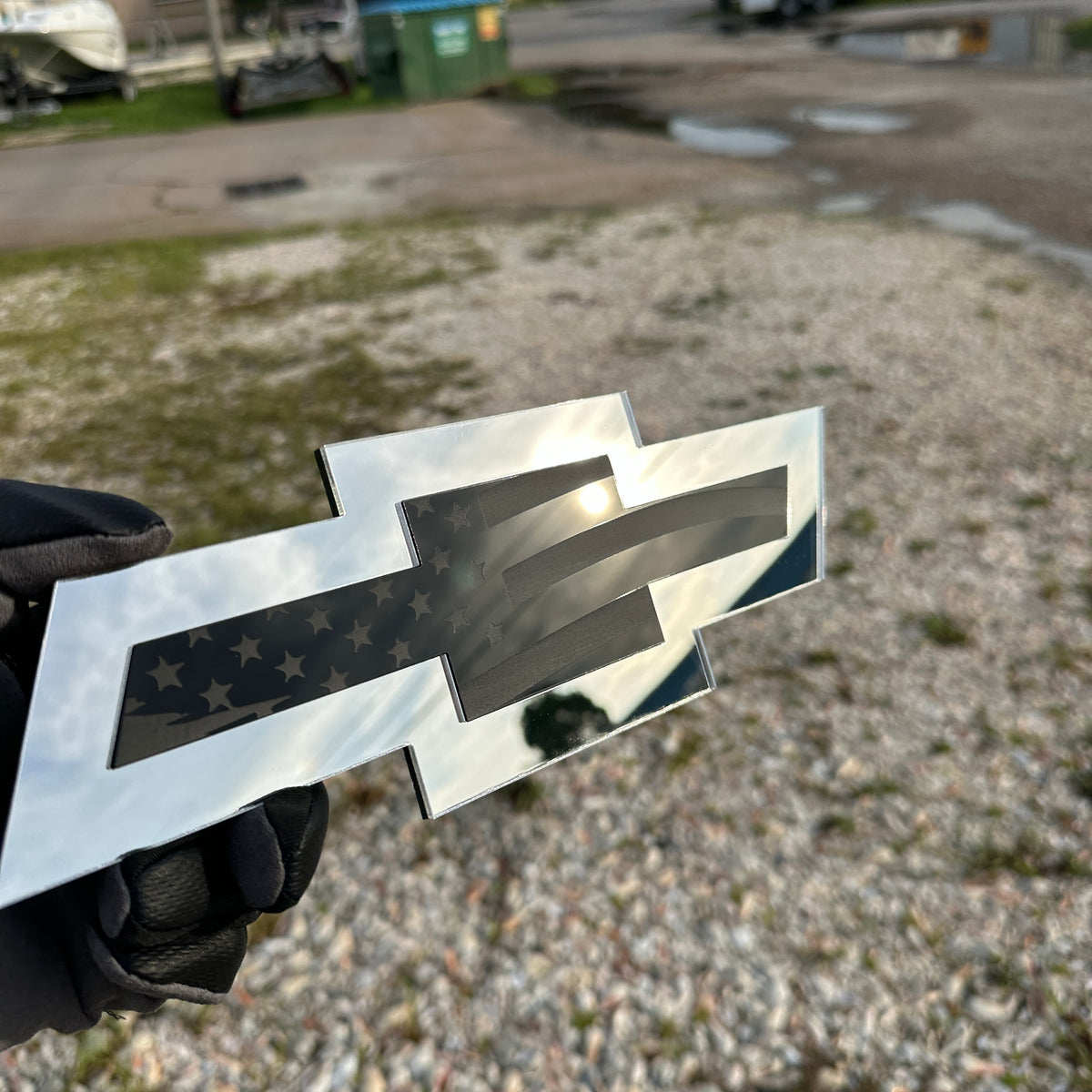 Chevrolet Bowtie USA patriotic badge in silver and black with engraved flag motif