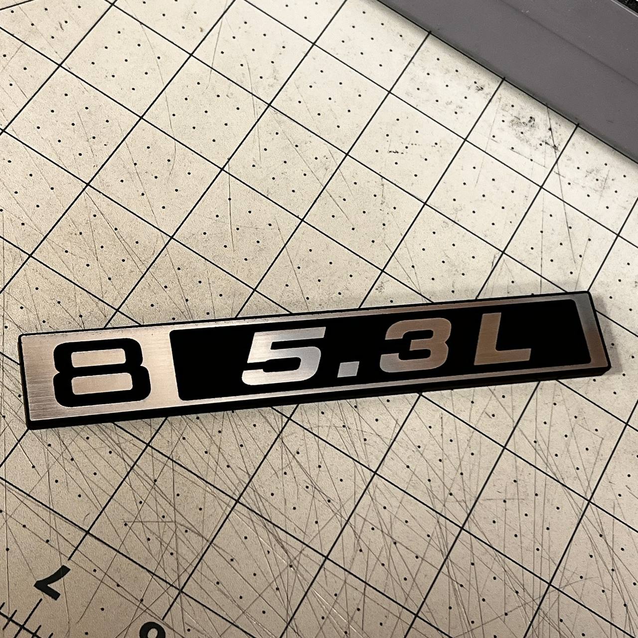 Custom silver billet 5.3L front fender emblem for 1967-1972 Chevy C10 truck.