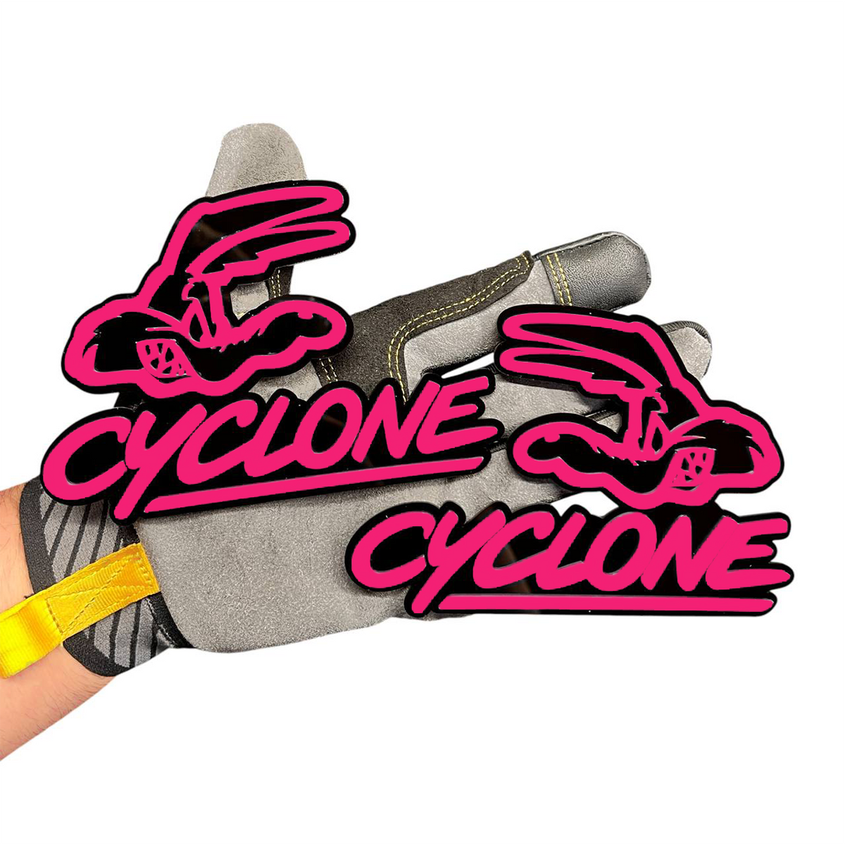 Gray and black Cyclone automotive badge set for fender, body panel or tailgate use.