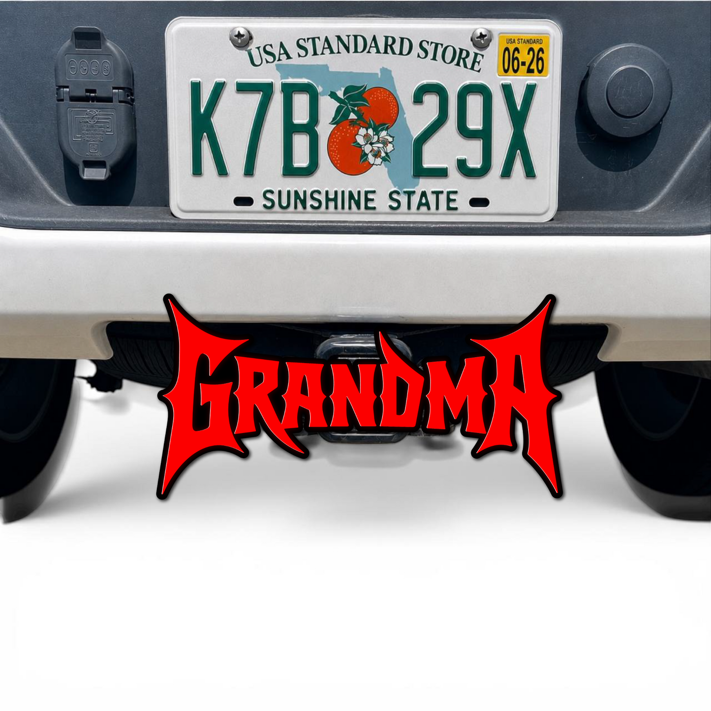 Custom GRANDMA 3D hitch receiver cover badge with bold red lettering and black outline for cars and truck