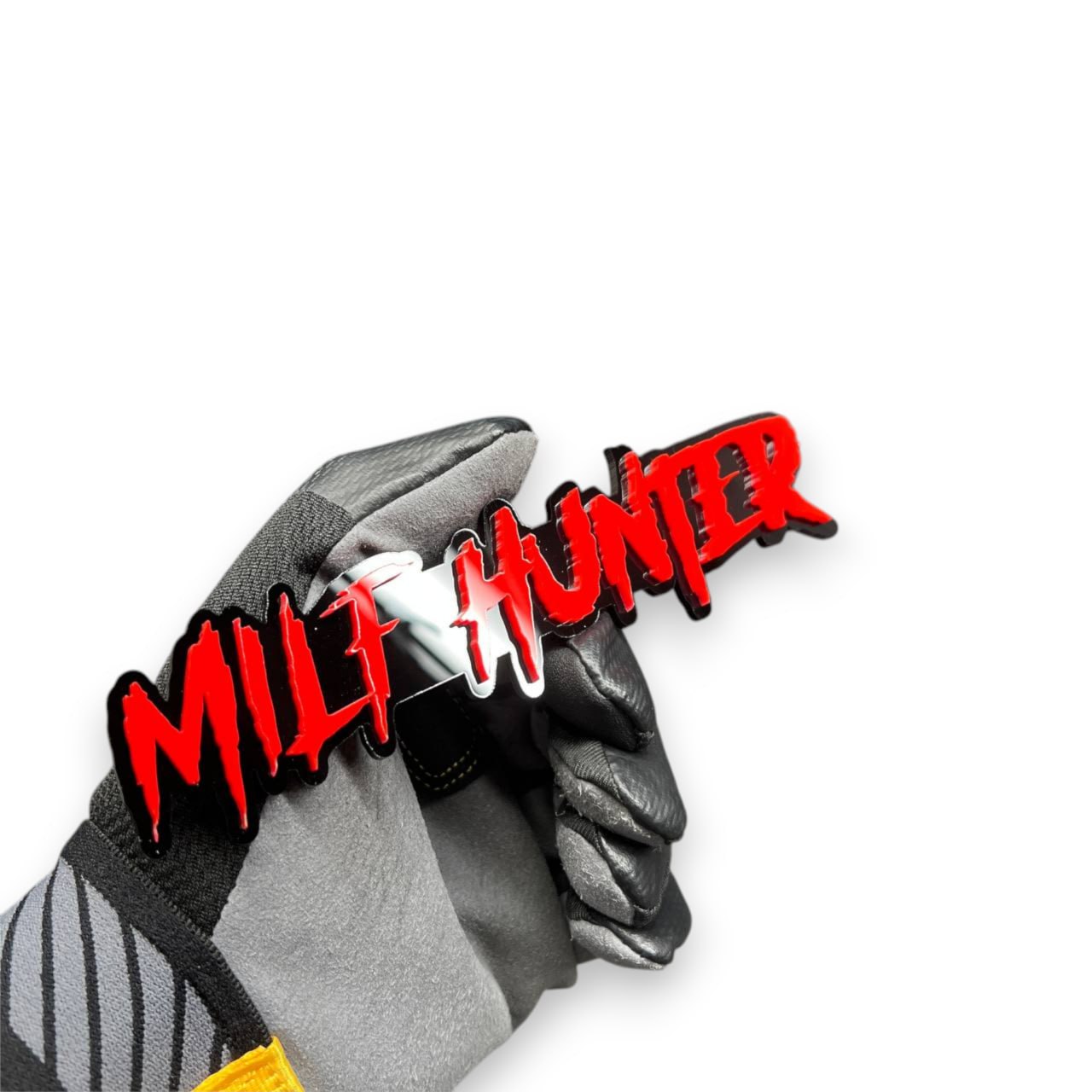 Milf Hunter custom laser engraved text badge for offroad truck builds