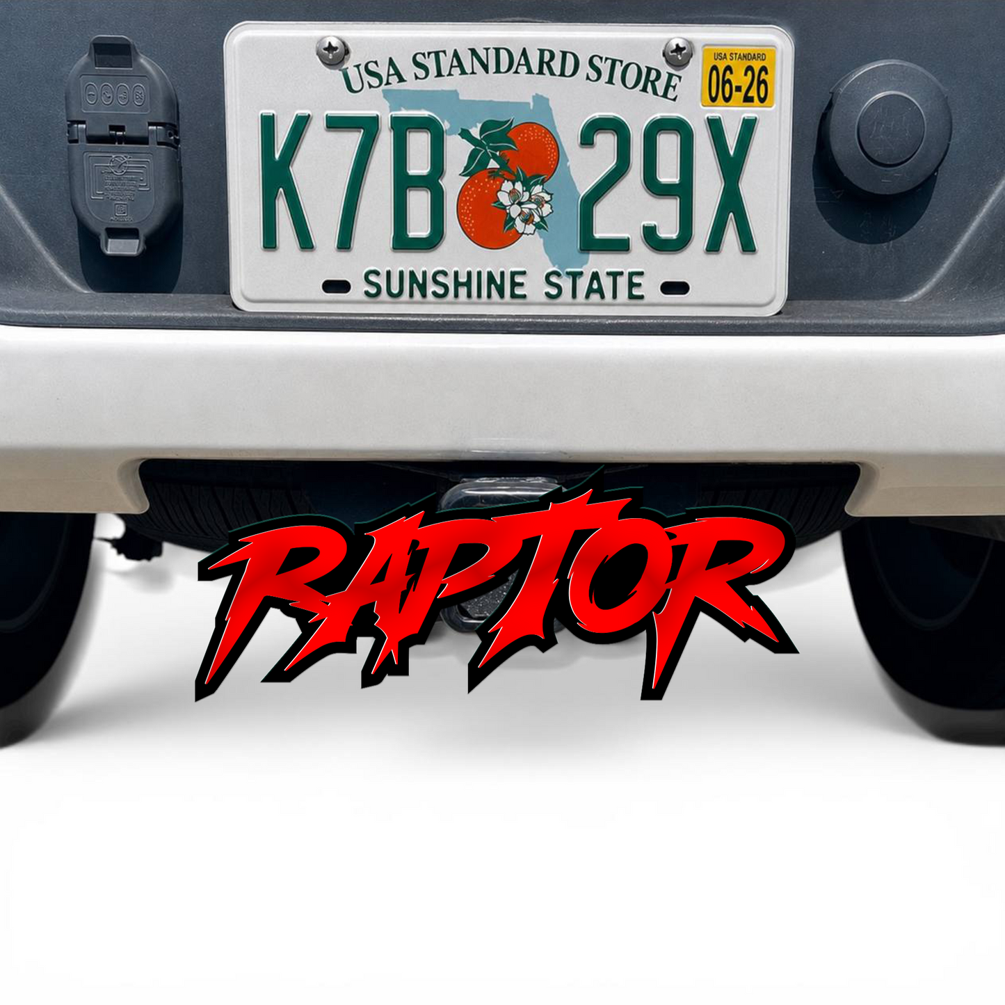 Black acrylic Raptor hitch cover for 2 inch trailer receiver with rugged offroad truck appearance for pickup and SUV builds