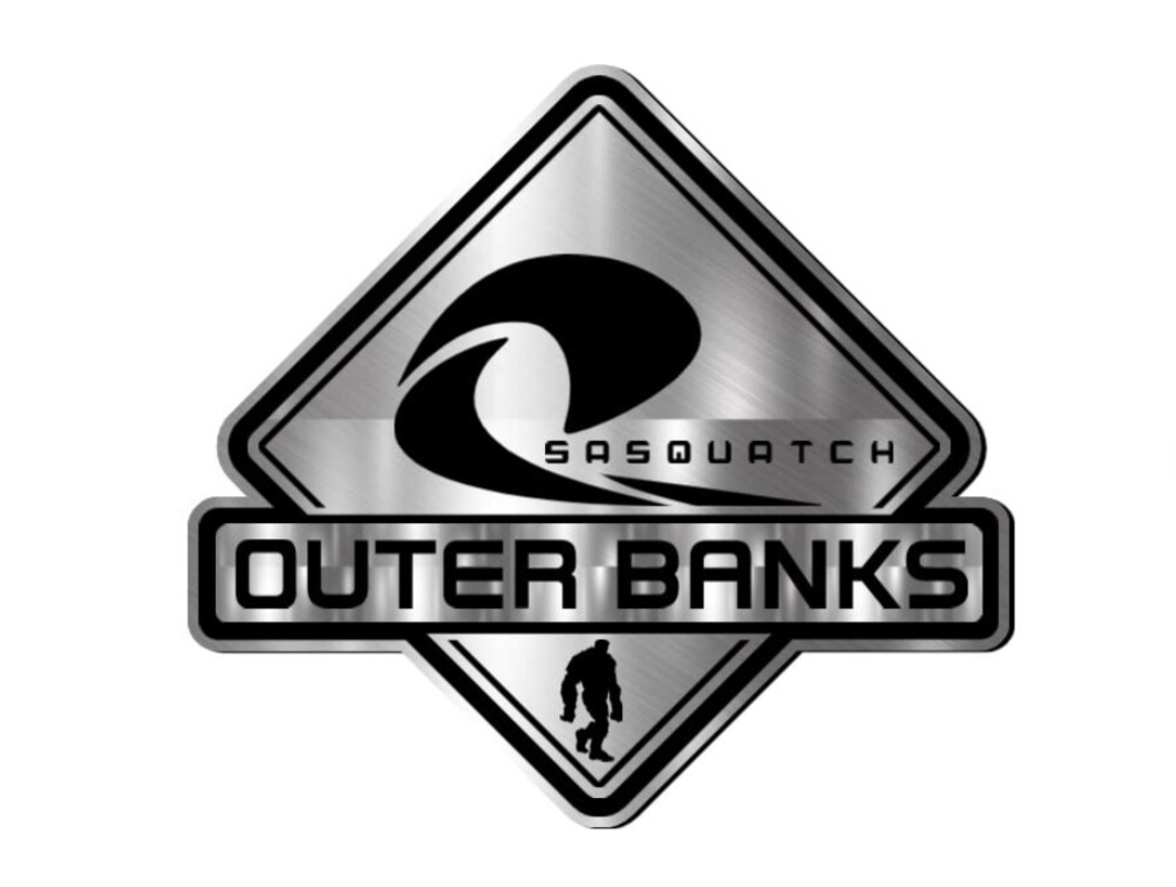 Outer Banks Sasquatch badge with engraved wave and sasquatch design for car fender