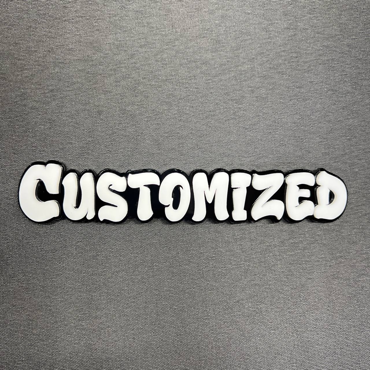 Custom customized word badge in white graffiti lettering style