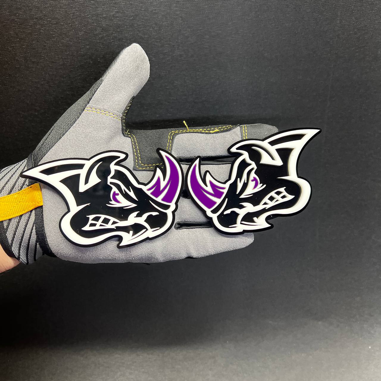 Aggressive Rhyno acrylic car badge fender emblem for muscle trucks, offroad decals, and custom vehicle styling.