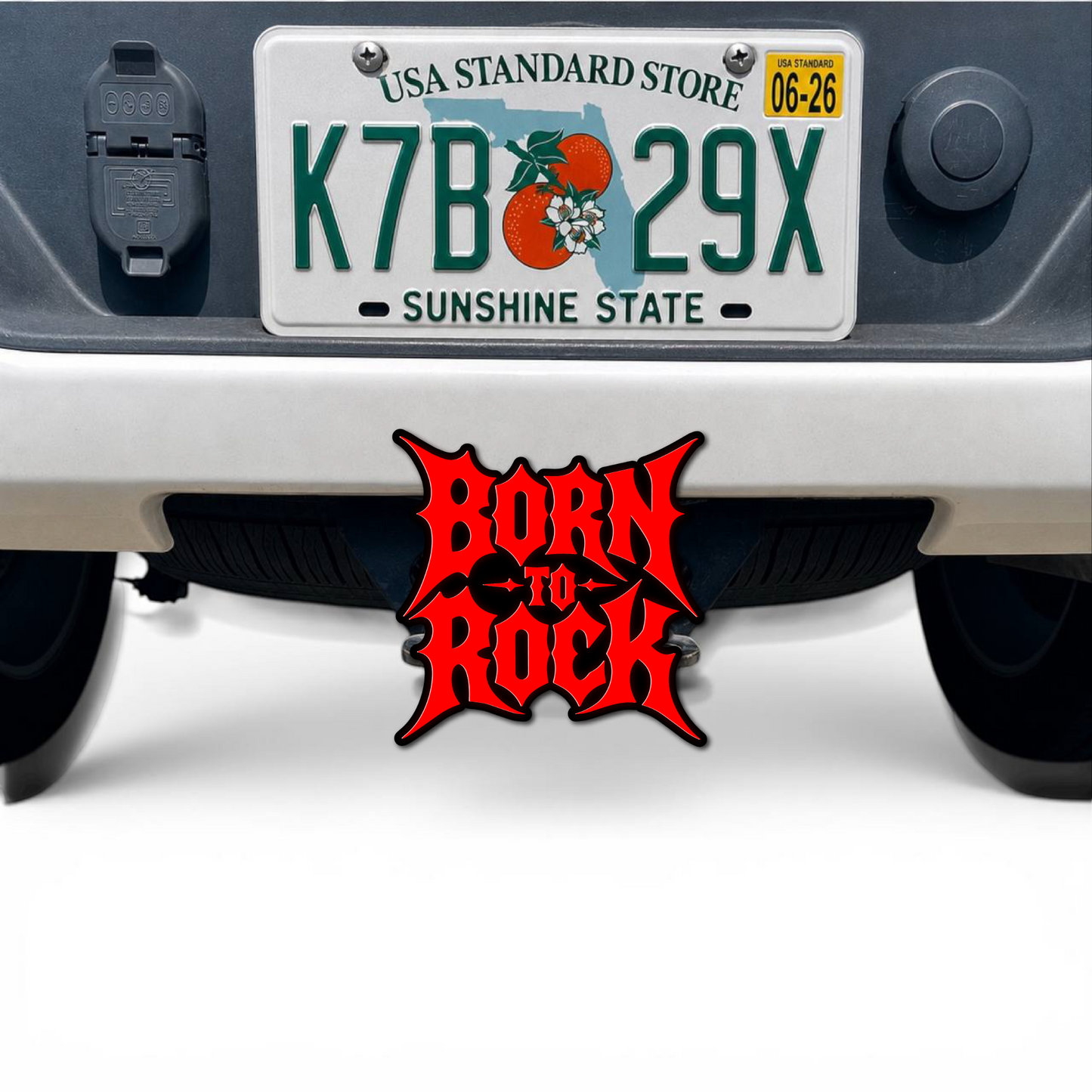 Custom Born To Rock 3D trailer hitch cover with bold red gothic lettering and black outline for rock music fans