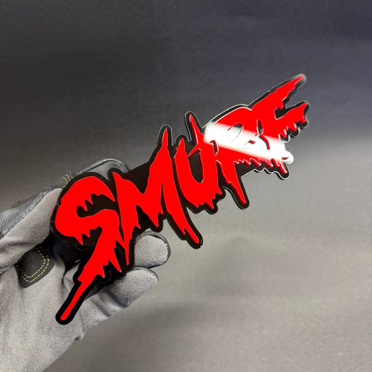 SMURF two-layer graffiti nameplate in red and glossy black, decorative automotive badge for Honda Civic, Nissan Z, Subaru WRX and BMW vehicles.