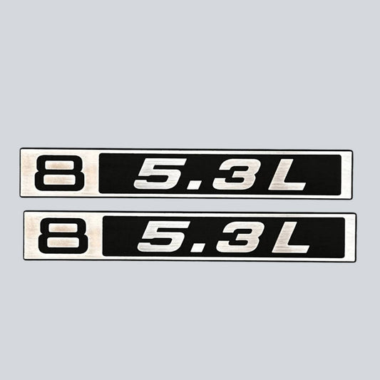 Silver and black 5.3L Chevy C10 fender badge designed for classic 1967-1972 trucks.