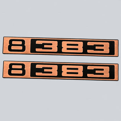 Silver and black B 383 car badge fender emblem designed for classic Chevy C10 trucks.