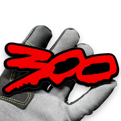 Glossy black 300 logo car emblem close-up