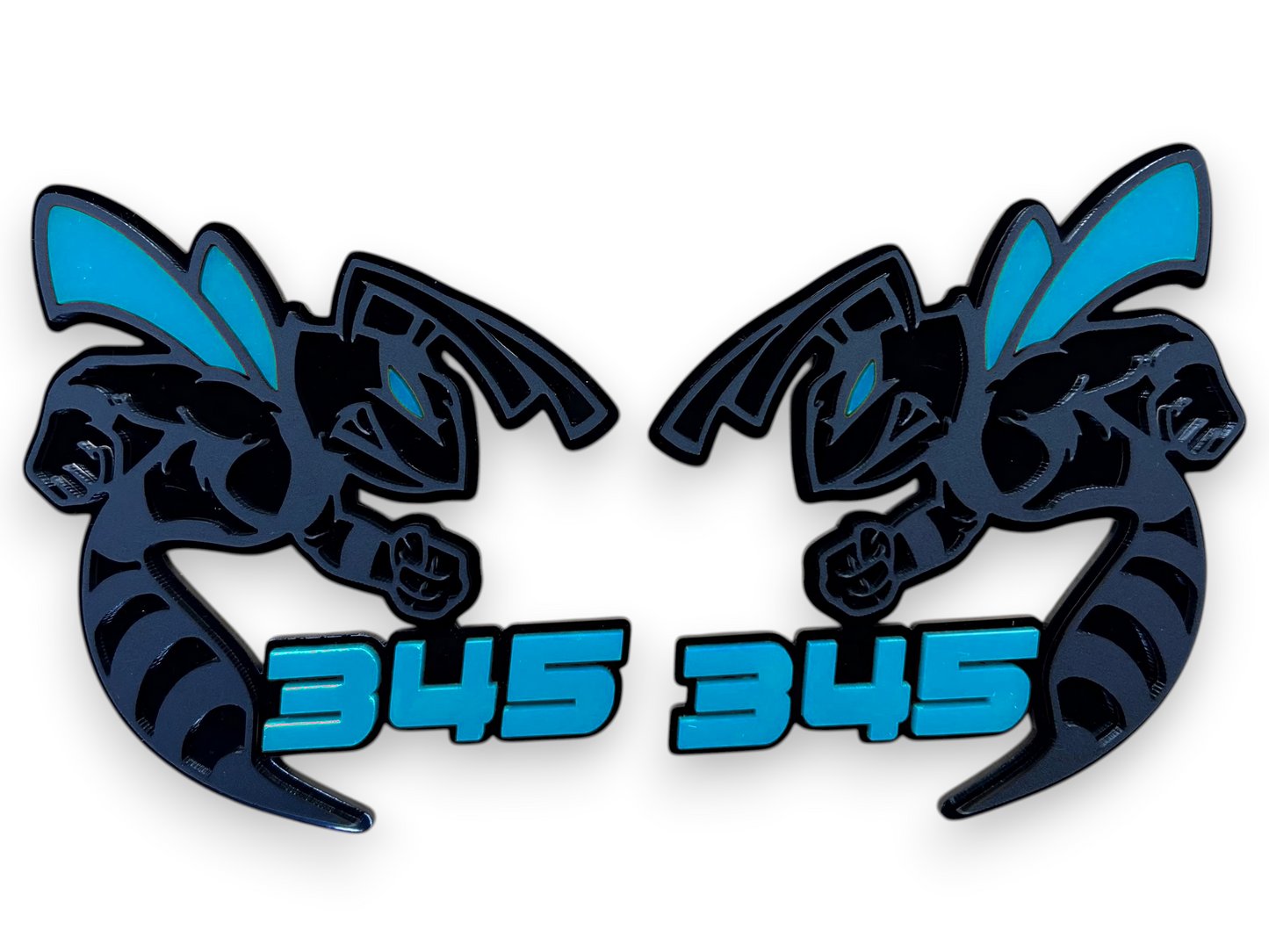 Red black 345 Bee badge emblem for RAM truck, Dodge vehicle, and custom automotive builds