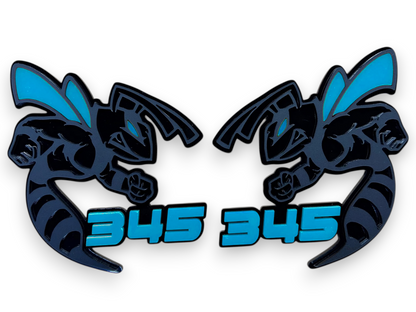 Red black 345 Bee badge emblem for RAM truck, Dodge vehicle, and custom automotive builds