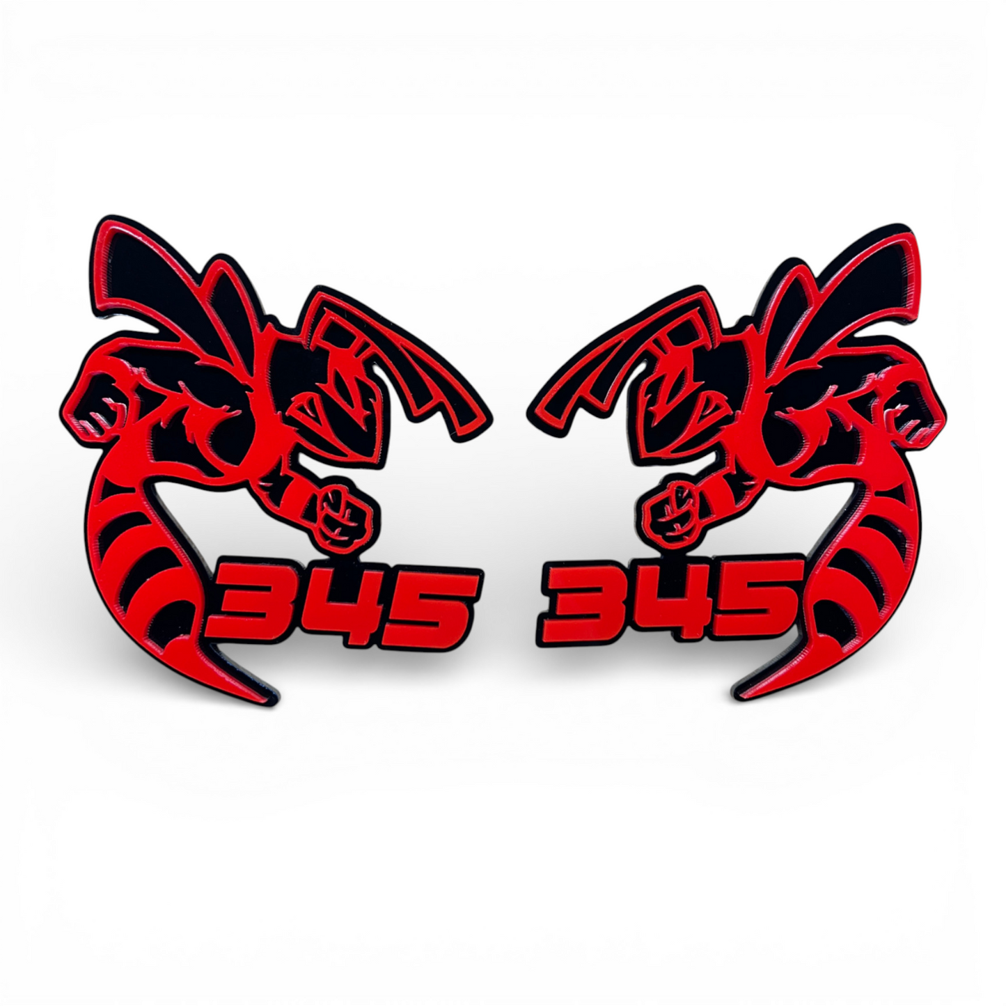 Red and black 345 HEMI Bee badge emblem for Dodge Charger and Challenger custom car builds