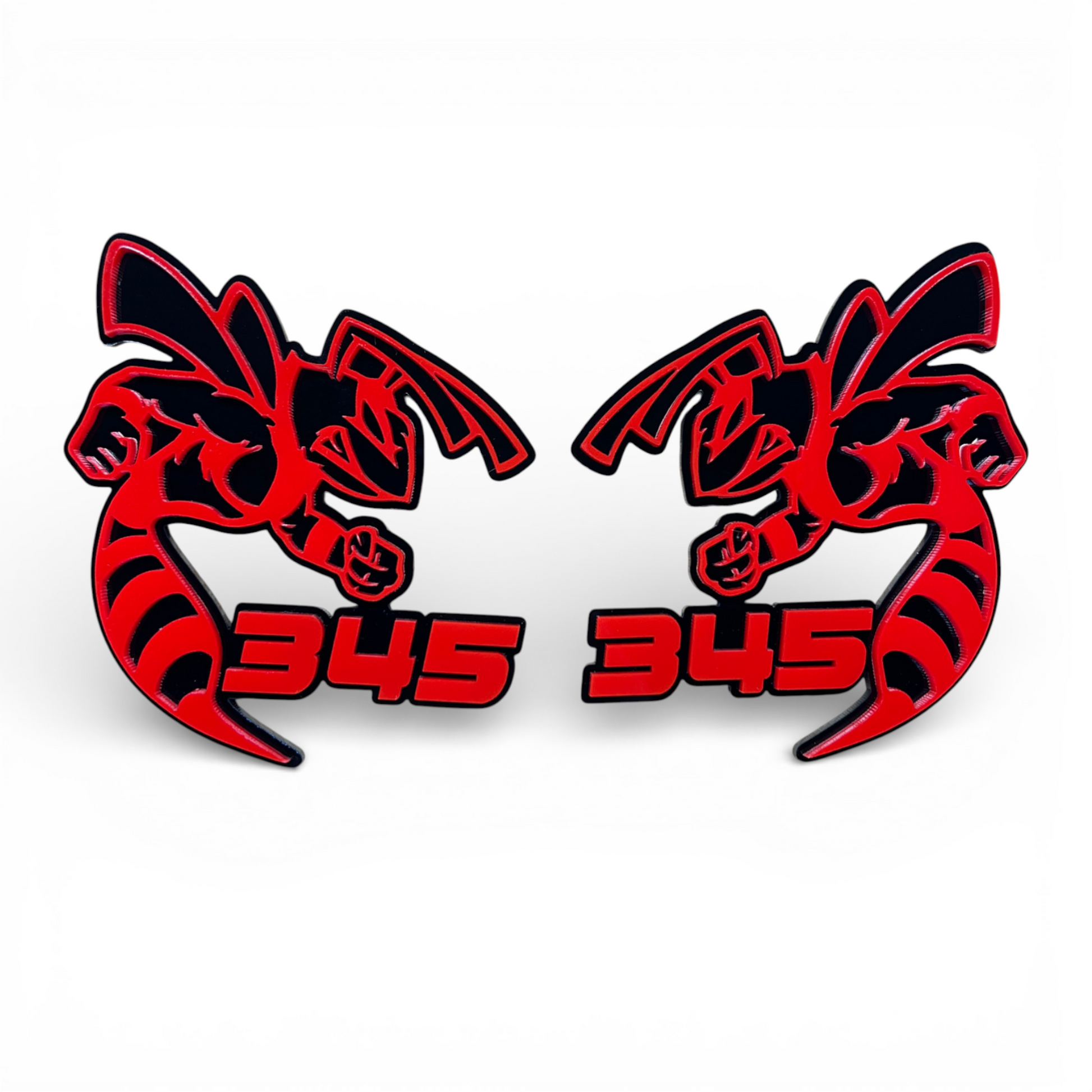 Red and black 345 HEMI Bee badge emblem for Dodge Charger and Challenger custom car builds