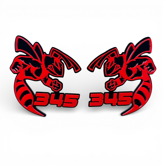 Red and black 345 HEMI Bee badge emblem for Dodge Charger and Challenger custom car builds