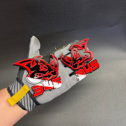 Custom Dodge Charger 392 Rhino fender emblem with glossy black rhinoceros face, bright red outlines and bold 392 numbers inspired by HEMI V8 performance.