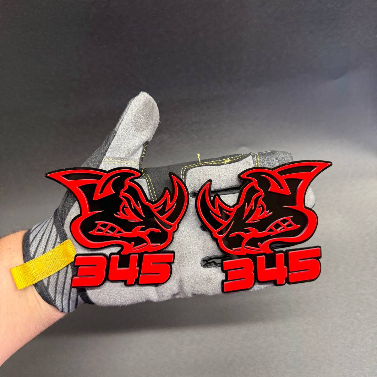 Dodge Durango SRT 392 inspired Rhino badge featuring a fierce rhinoceros face, glossy black background and bright red automotive styling details.