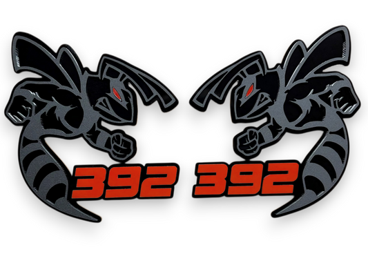 Red and black 392 HEMI Bee badge emblem for Dodge Charger and Challenger custom car builds