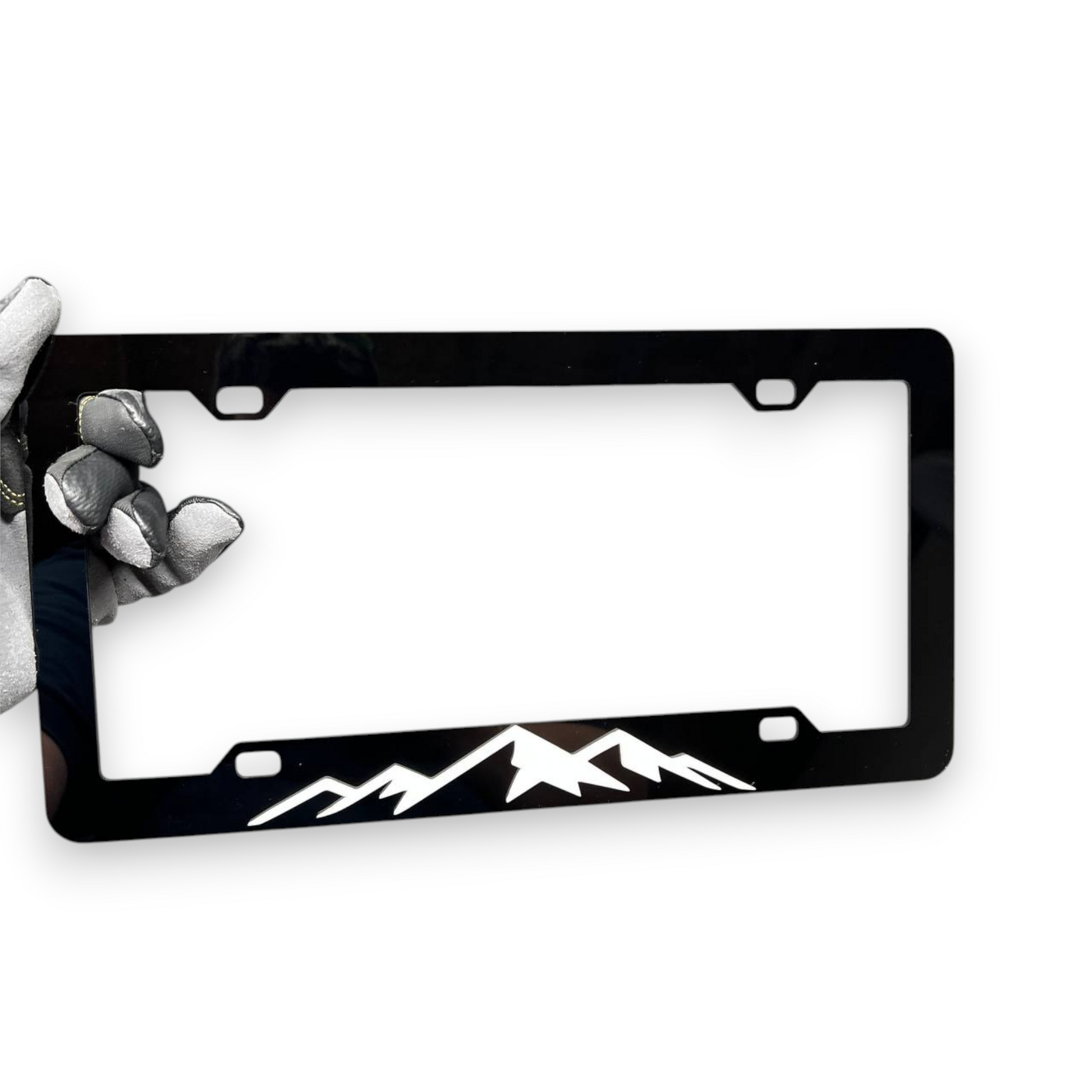 Custom mountain range license plate frame for offroad vehicle exterior styling