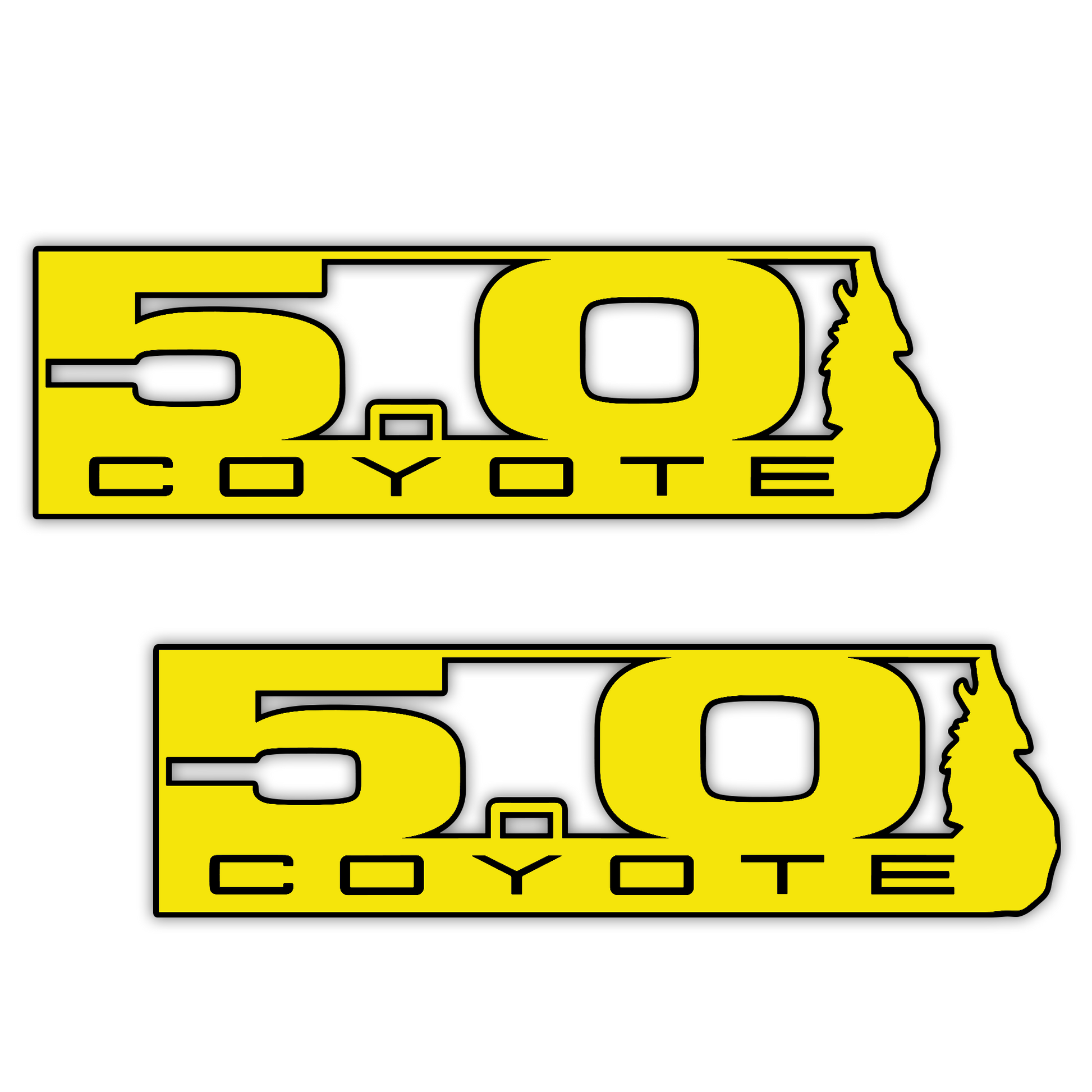 Coyote 5.0 fender emblem with engraved lettering and black accents