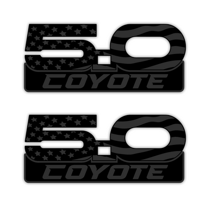 Mustang Coyote 5.0 patriotic fender emblem with brushed metal appearance