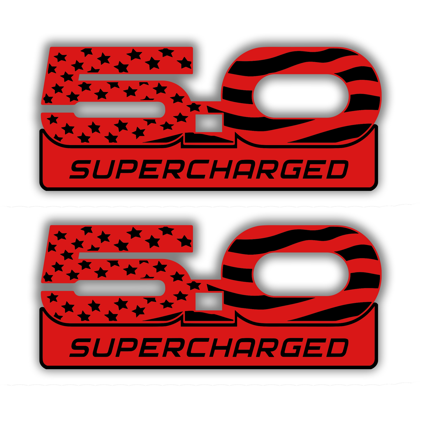 5.0 Supercharged performance fender badge in brushed silver and black