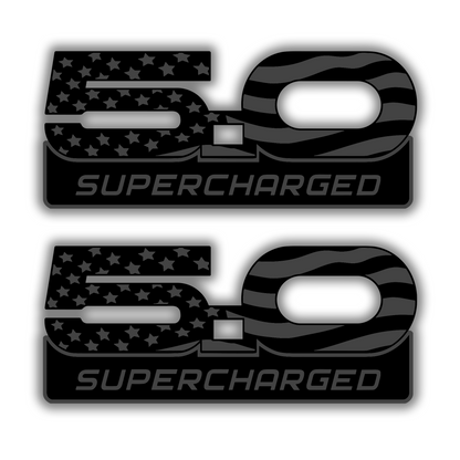 5.0 Supercharged engraved exterior decal badge with USA flag