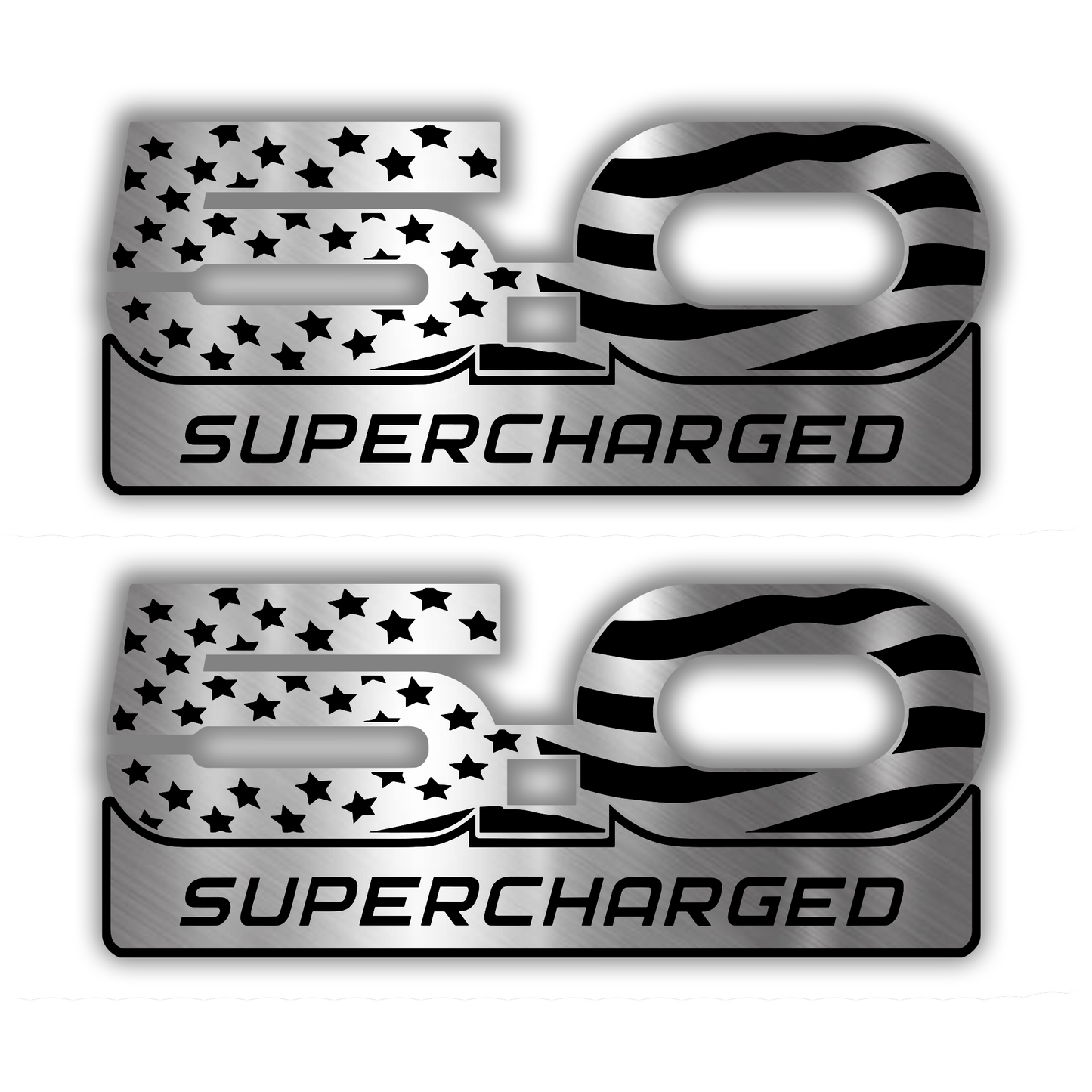 5.0 Supercharged engraved car badge with American flag design