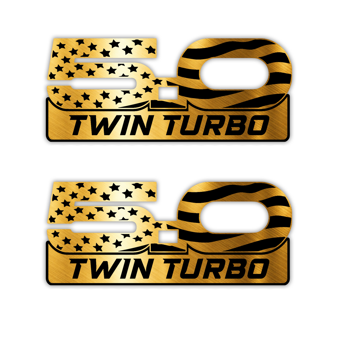 5.0 Twin Turbo performance badge with stars and stripes design