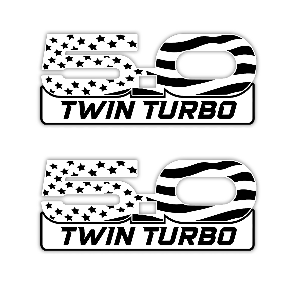 5.0 Twin Turbo Mustang fender emblem engraved silver and black
