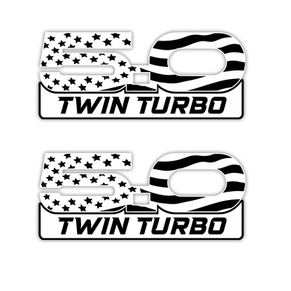 5.0 Twin Turbo Mustang fender emblem engraved silver and black