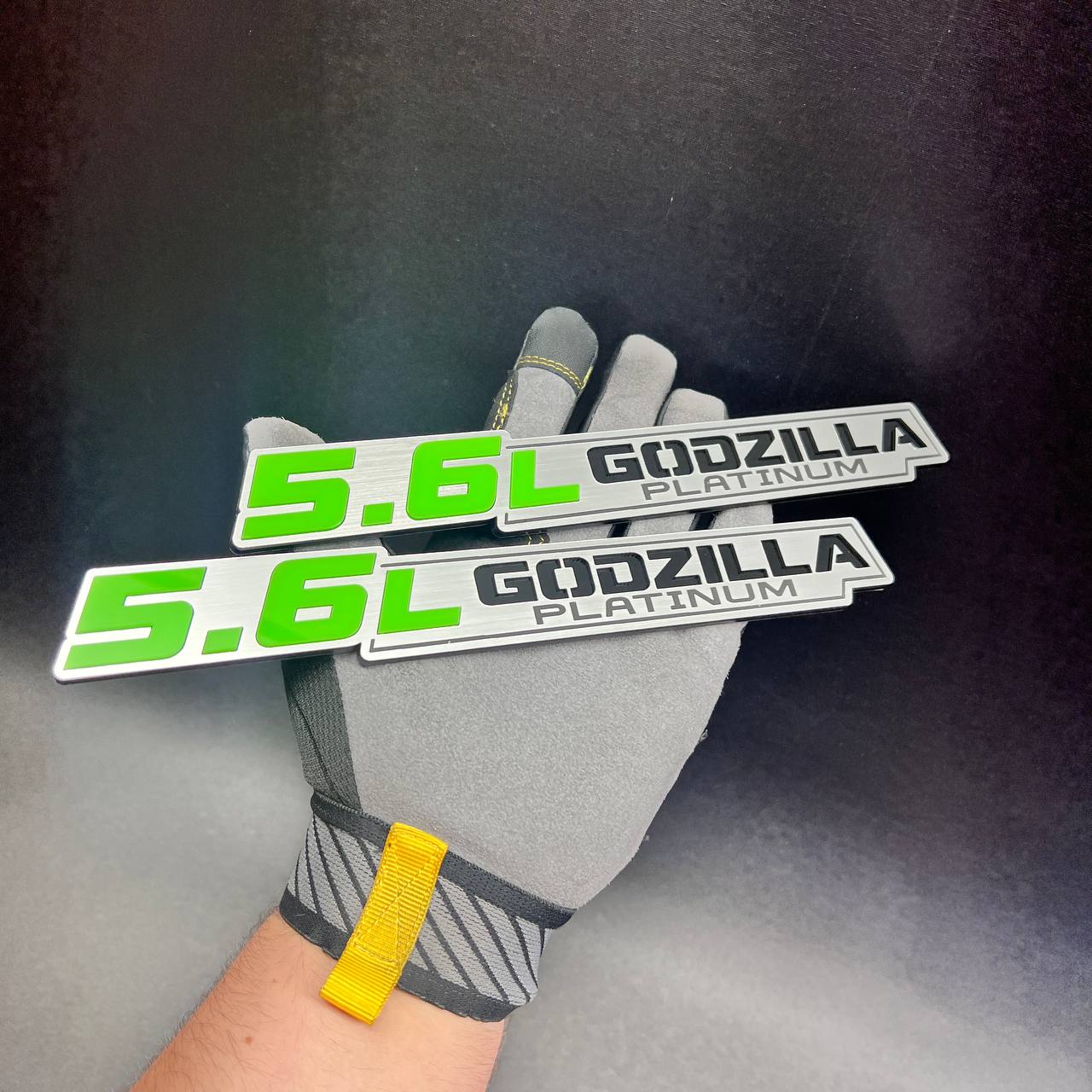 Custom 5.6L Godzilla Platinum fender badge for performance vehicle customization