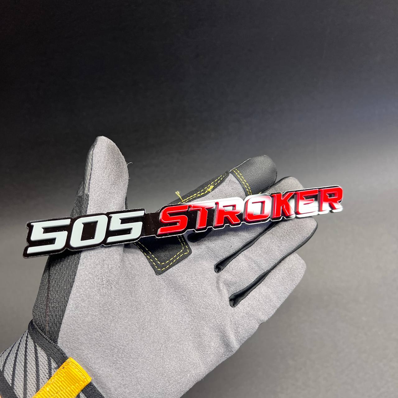 Red 505 STROKER engine size badge with durable automotive finish and 3M adhesive backing.