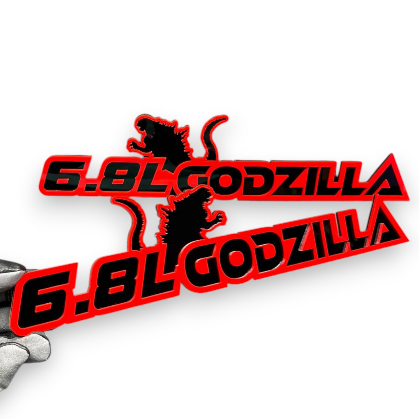 Custom 6.8L truck badge with aggressive dinosaur design