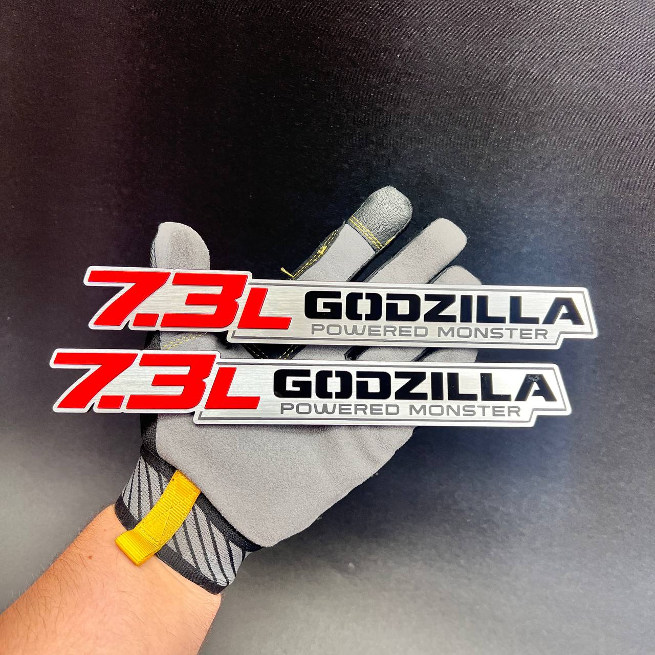 Pair of 7.3L Godzilla Powered Monster car badges in red, black and brushed silver