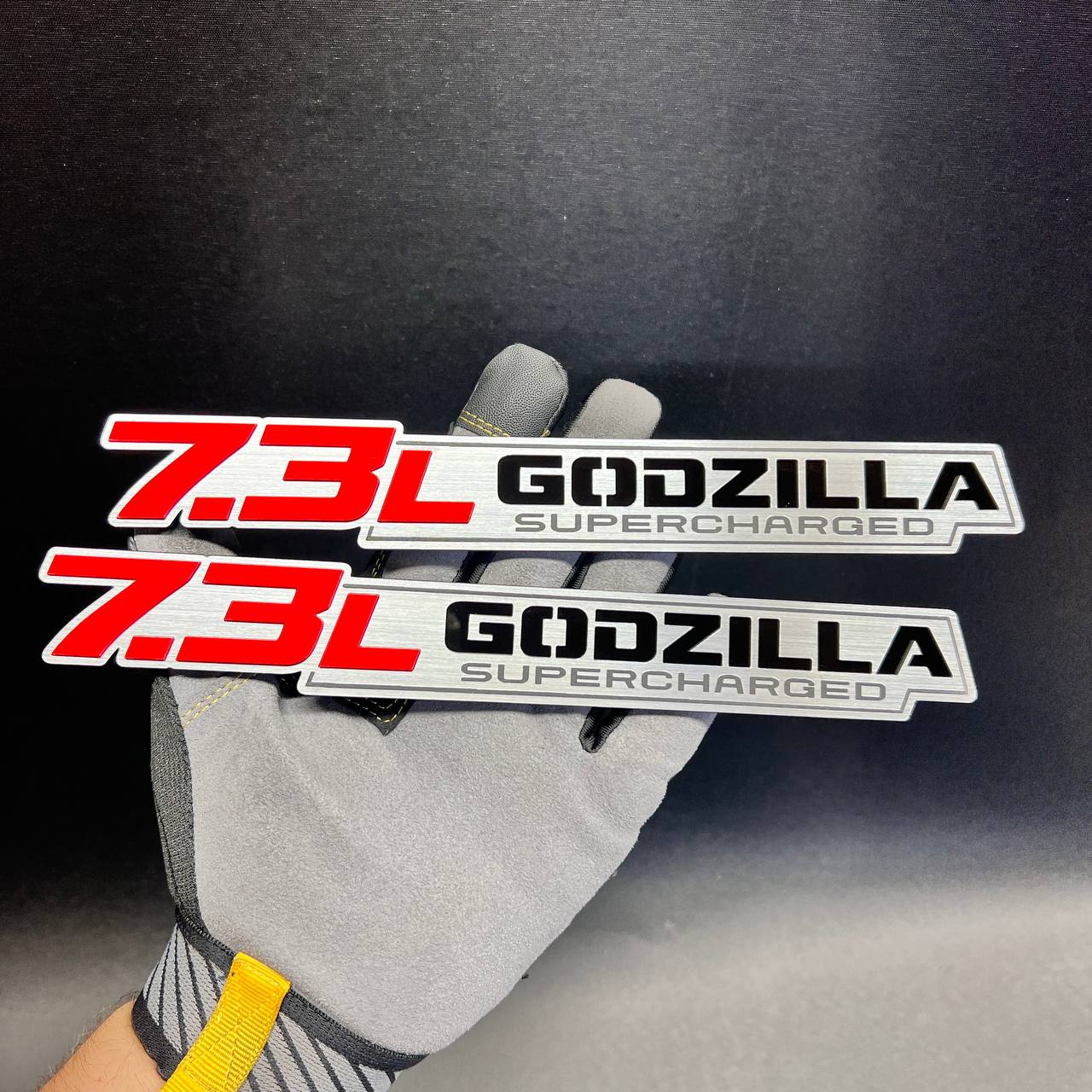 7.3L Godzilla Supercharged car badge fender emblem in red, black and brushed silver