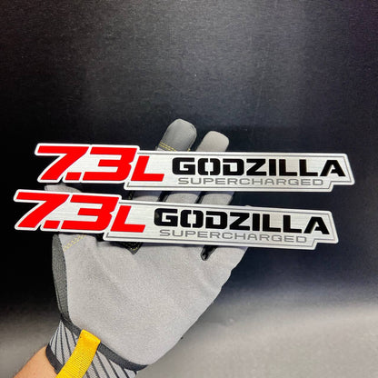 7.3L Godzilla Supercharged car badge fender emblem in red, black and brushed silver