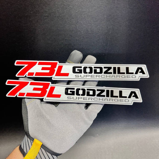 7.3L Godzilla Supercharged car badge fender emblem in red, black and brushed silver
