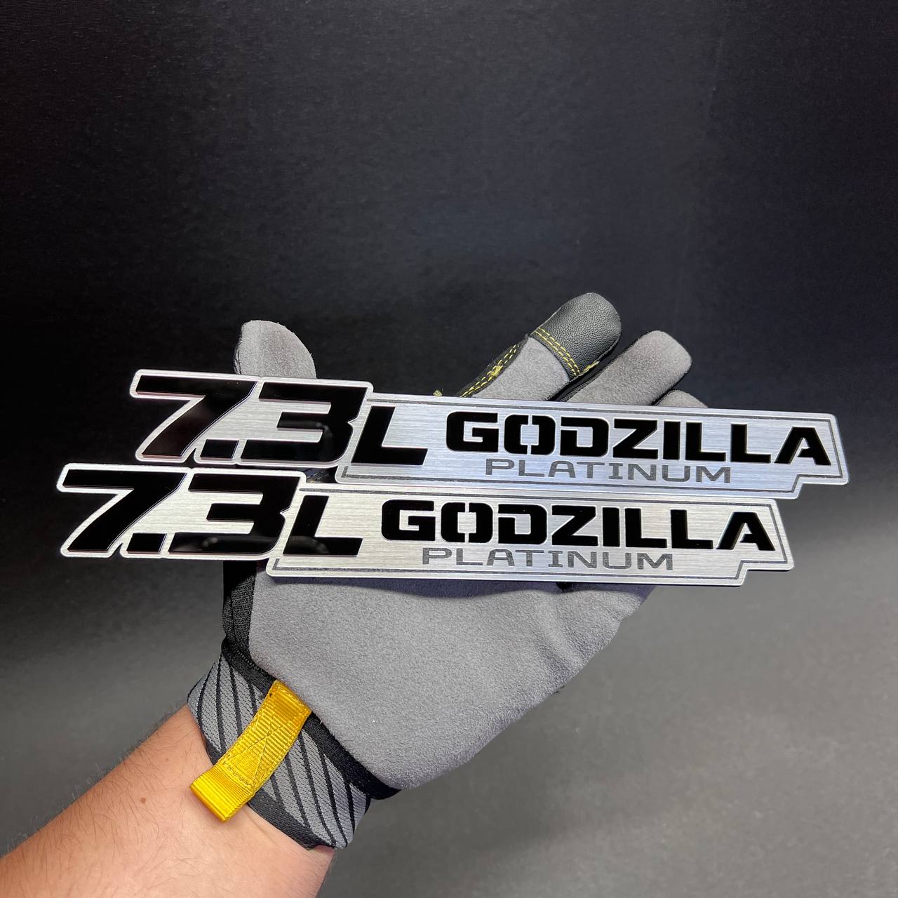 Custom car badge with 7.3L Godzilla Platinum text for fender or tailgate