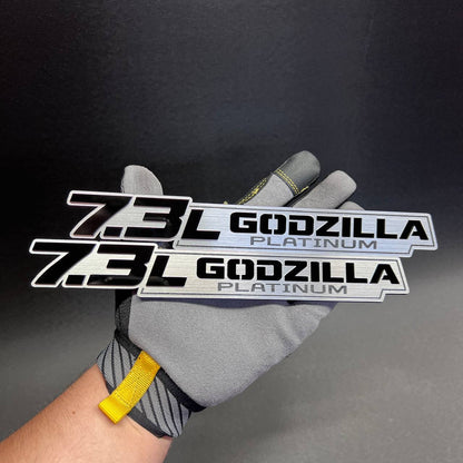 Custom car badge with 7.3L Godzilla Platinum text for fender or tailgate