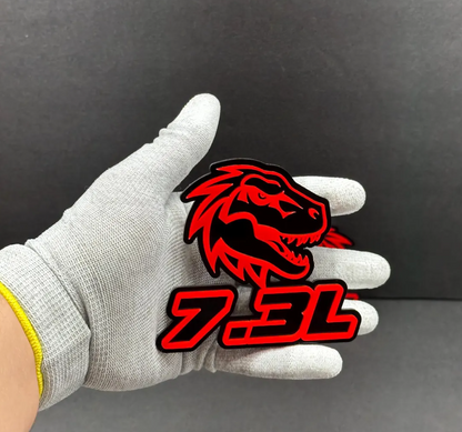 7.3L Godzilla acrylic badge close up detail for Ford F150 muscle build