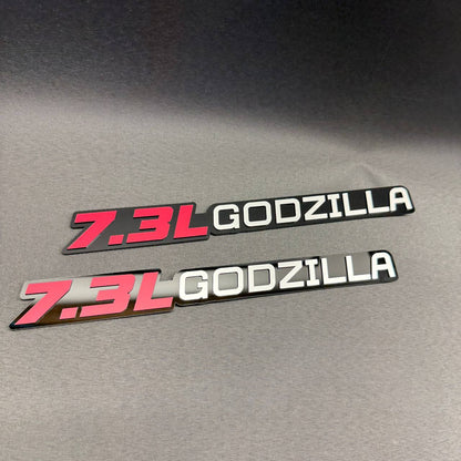 Red and white Godzilla 7.3L car badge for Ford F250 F350 F450 truck fender and tailgate customization.