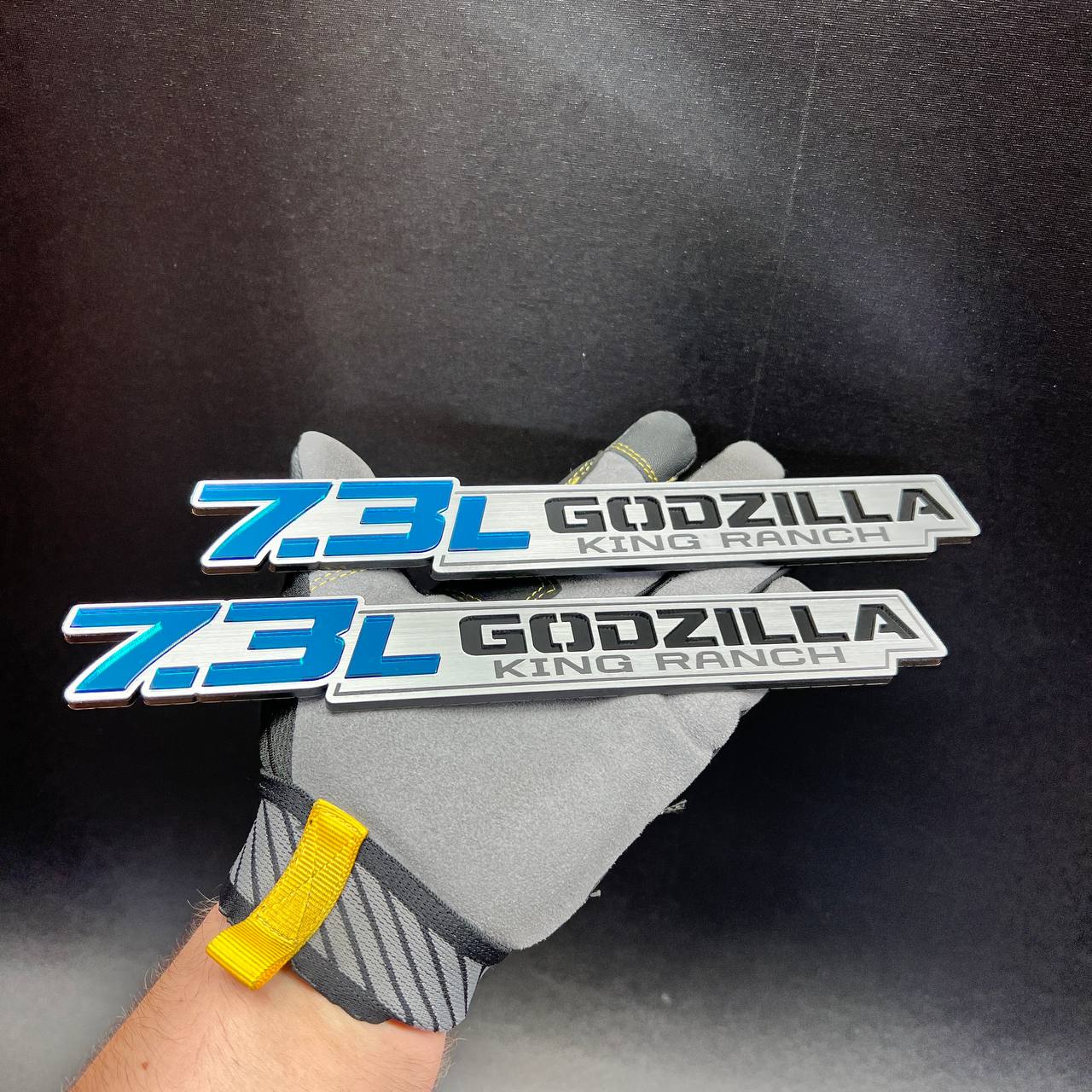 Custom 7.3L Godzilla King Ranch car badge in brushed silver with blue lettering