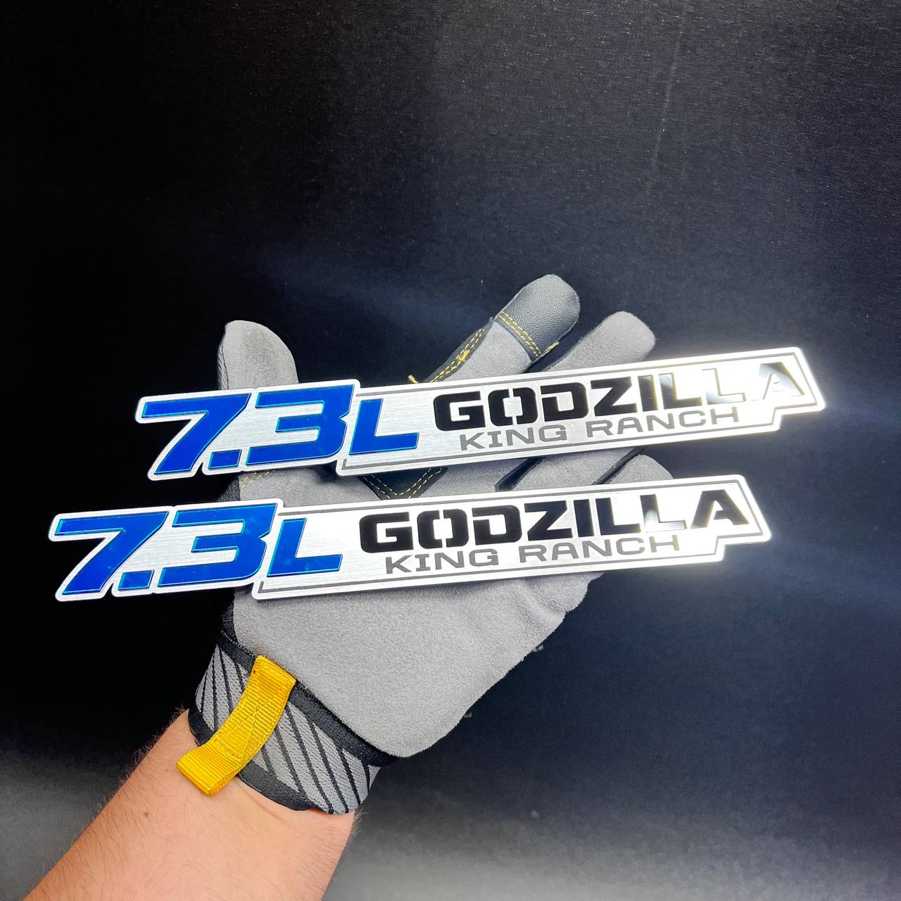 Brushed silver and blue 7.3L Godzilla King Ranch automotive badge